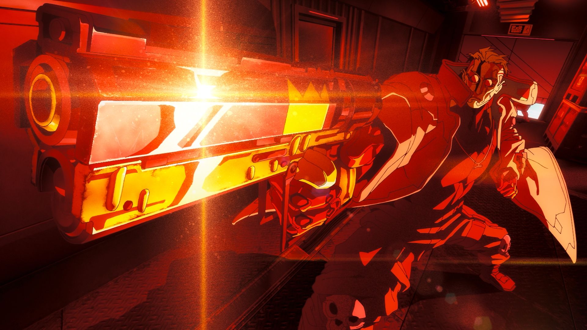 A cyborg man pointing a gun at the camera, creating an exaggerated perspective that makes the pistol look huge.