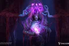 A hooded warlock with glowing purple eyes conjures a purple ball of energy while ominous clawed hands form a skull above her head in art from Daggerheart: Hope & Fear