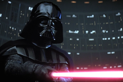 Darth Vader points his red lightsaber at Luke Skywalker during their fight in Cloud City in The Empire Strikes Back