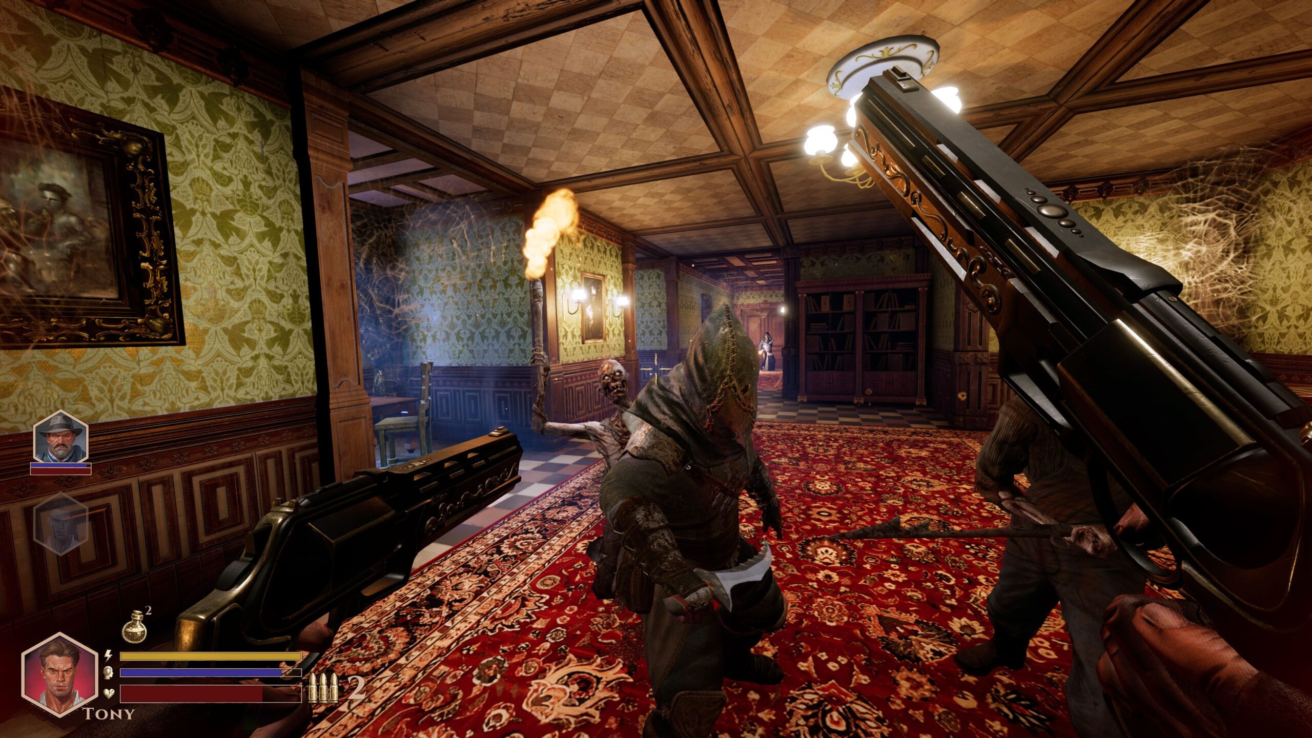Firing on monsters that approach in a mansion environment in Deepward