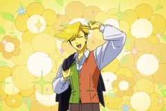 An anime boy named Flowery doing a two finger salute.
