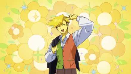 An anime boy named Flowery doing a two finger salute.