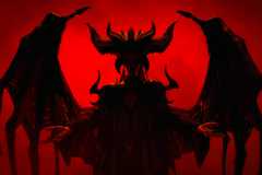 A woman with horns and devil’s wings is silhouetted against a red background - it’s Lilth from Diablo 4