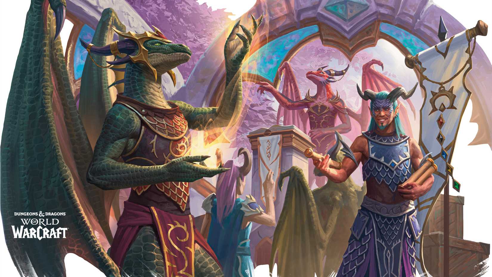 A group of Dracthyr, the dragon-like species from Dungeons & Dragons: World of Warcraft