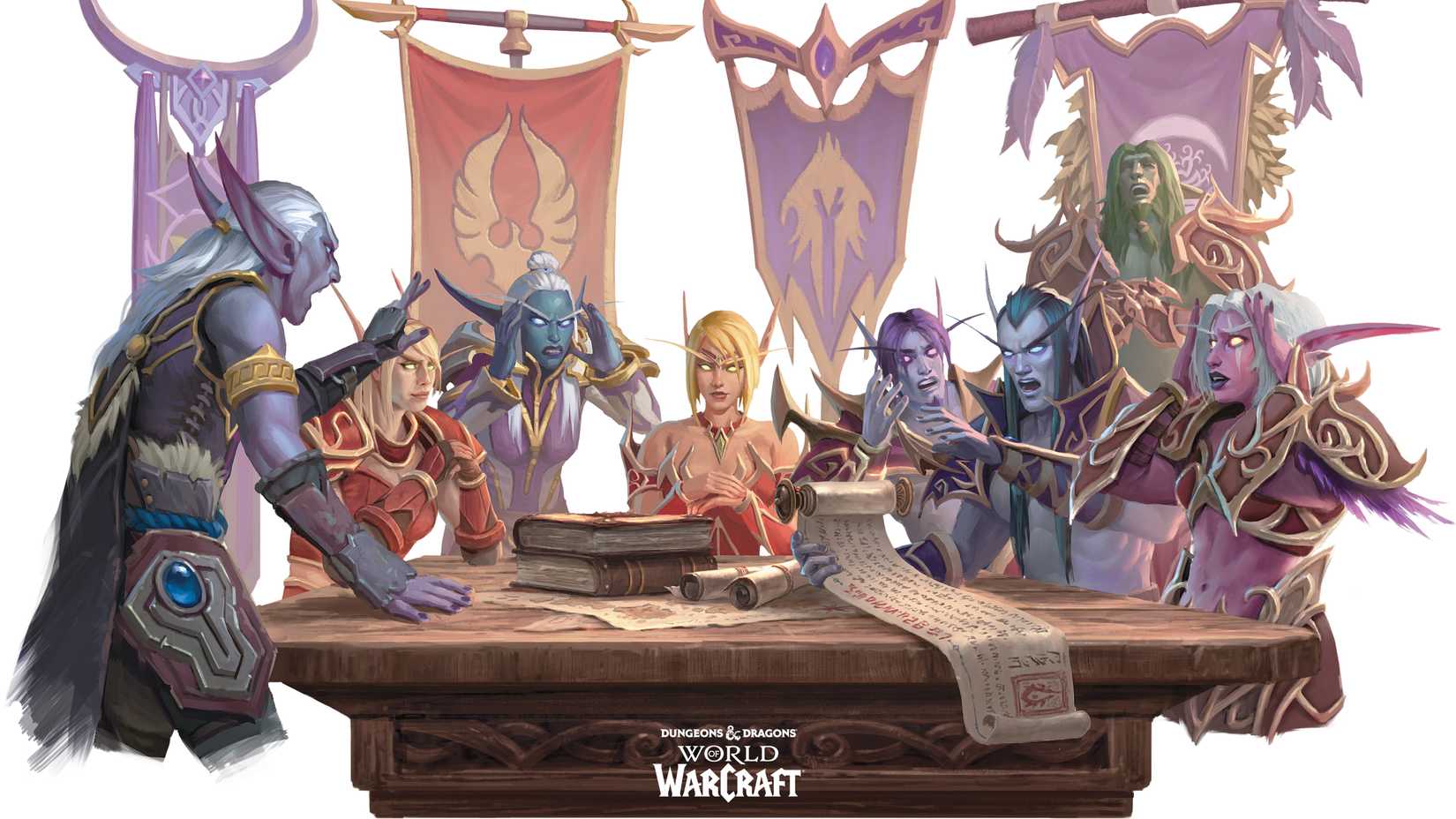 Many different types of elves sit at a table and argue over some scrolls in art from Dungeons & Dragons: World of Warcraft