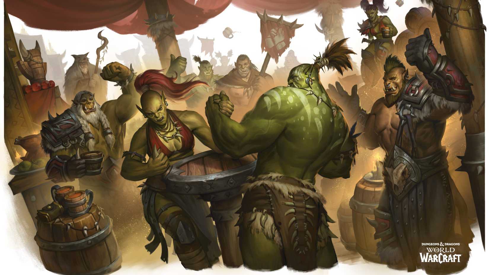 A pair of orcs arm wrestled while others watch and cheer in art from Dungeons & Dragons: World of Warcraft
