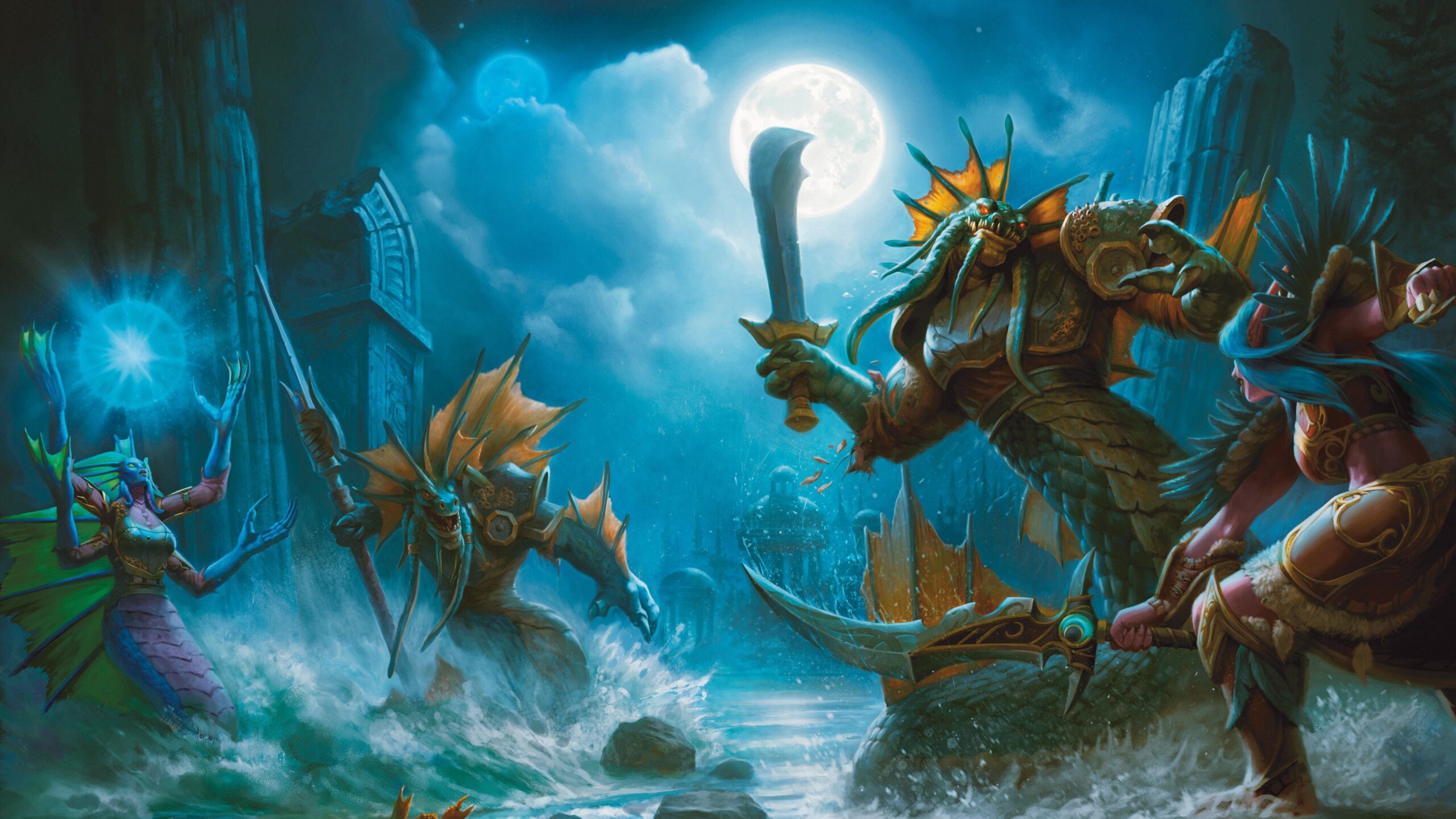 An elf fights a group of naga in a ruined coastal city under the light of the moon in art from Dungeons & Dragons: World of Warcraft.