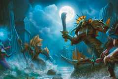 An elf fights a group of naga in a ruined coastal city under the light of the moon in art from Dungeons & Dragons: World of Warcraft.