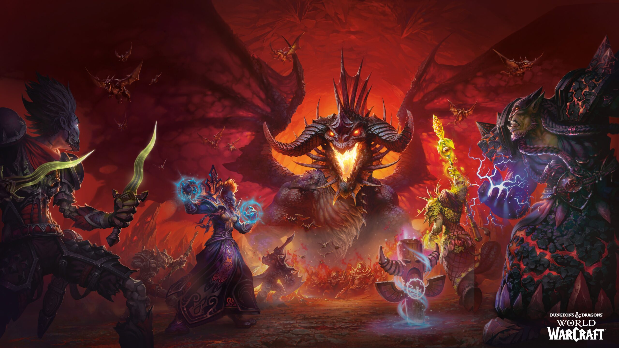 A group of heroes battle the black dragon Onyxia and her wyrmlings in art from Dungeons & Dragons: World of Warcraft