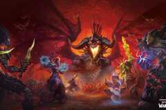A group of heroes battle the black dragon Onyxia and her wyrmlings in art from Dungeons & Dragons: World of Warcraft