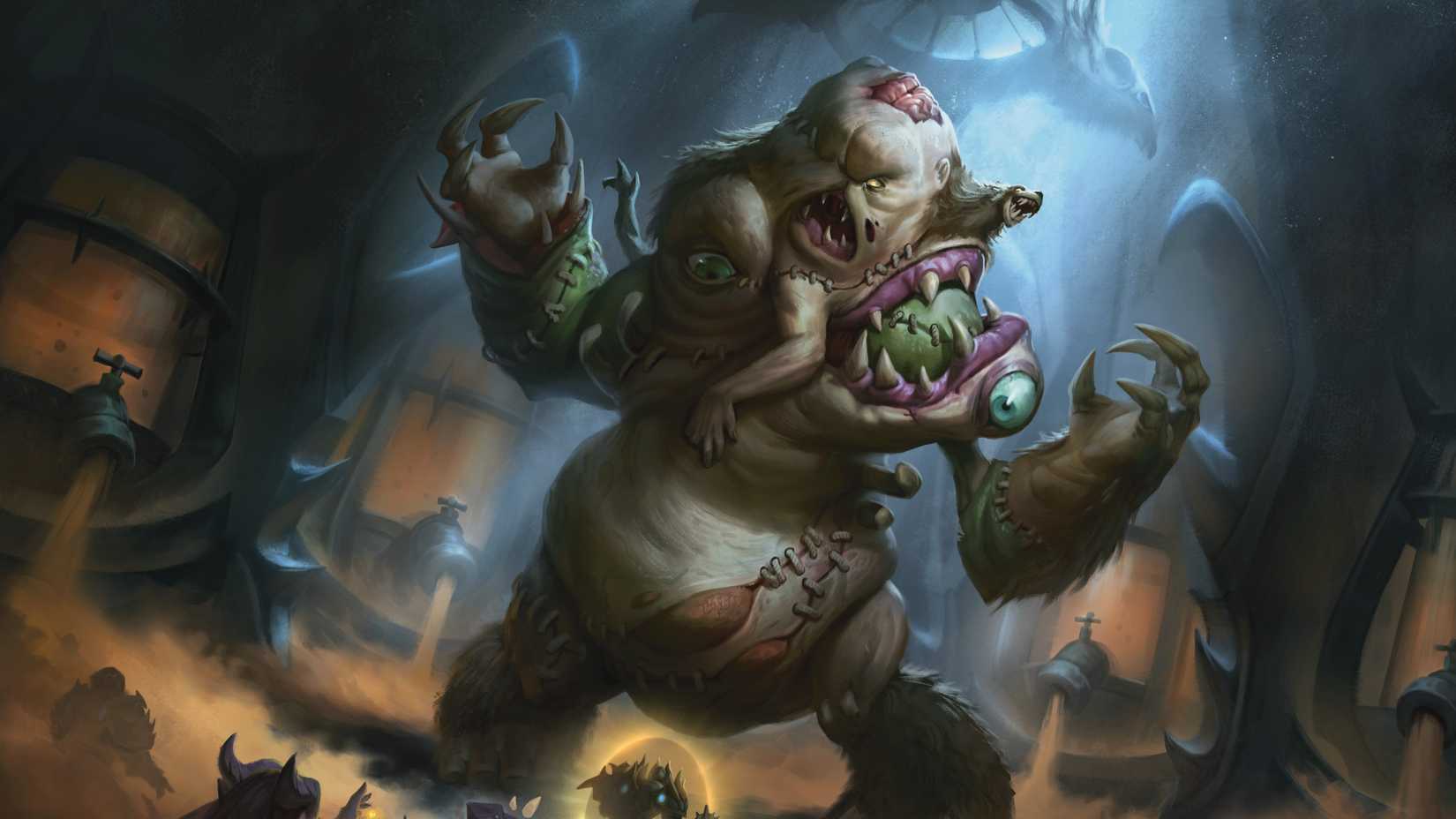 An abomination towers over the heroes in art from Dungeons & Dragons World of Warcraft