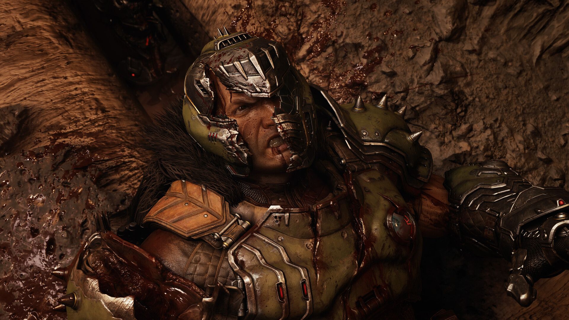 Doom TDA Revelations Slayer beaten lying on the ground with his armor broken