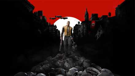 BJ Blazkowicz standing over a pile of Nazi helmets in Wolfenstein art.
