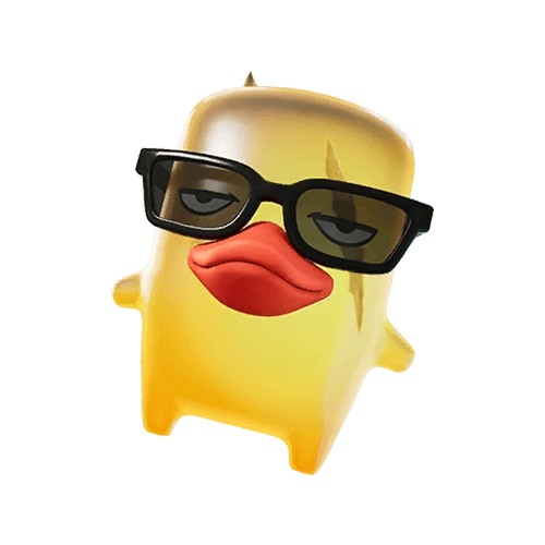 A Duck Sprite, a rectangular creature with the face of a duck wearing sunglasses, from Fortnite.