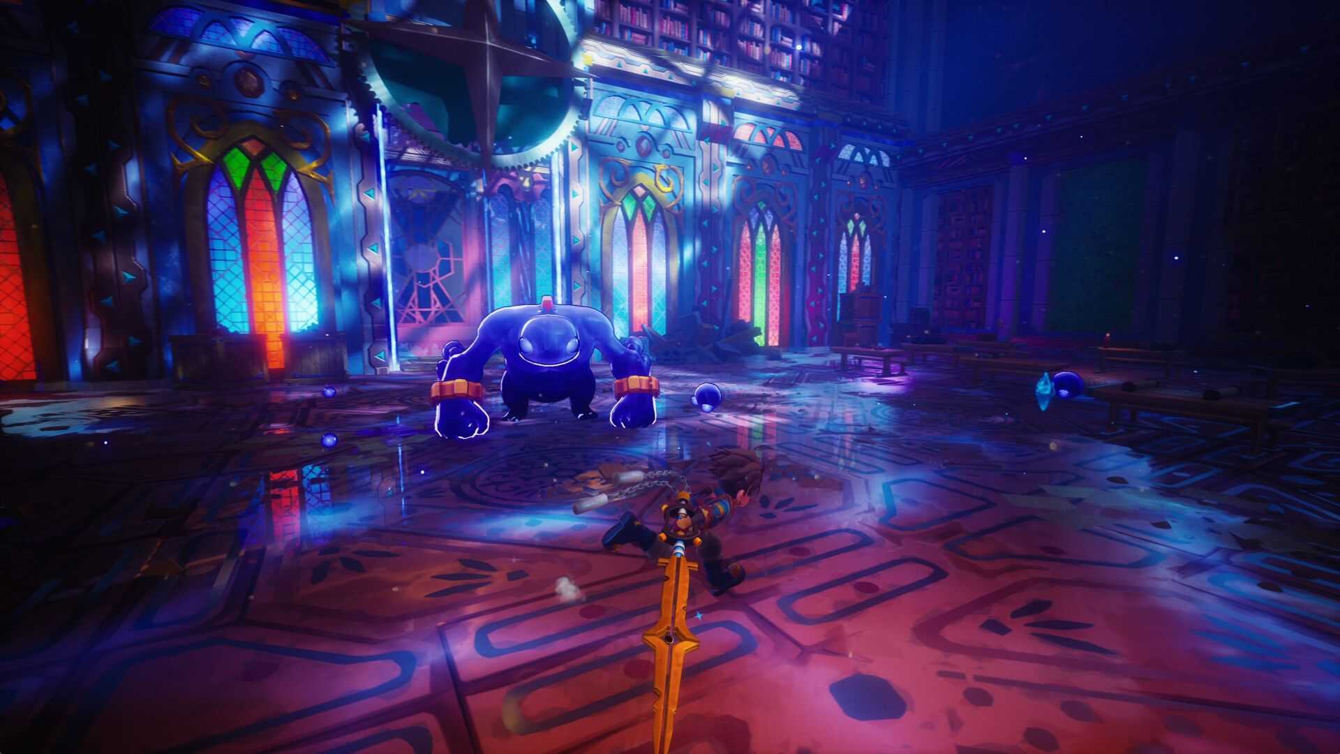 In this Duskfade screenshot, Zirian holds his sword as he circles an imposing nearby enemy.