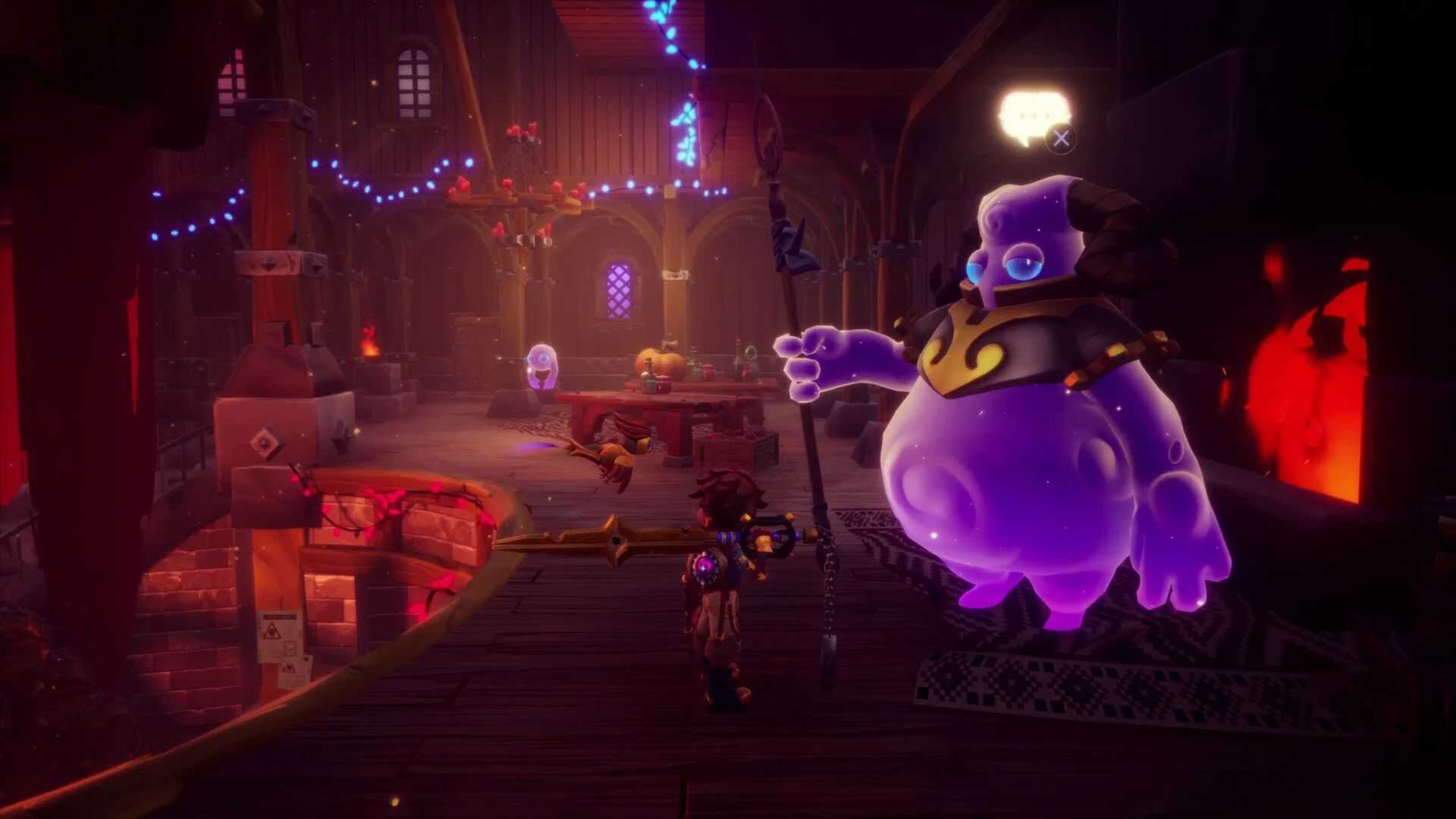 In Duskfade, Zirian stands near a purple NPC along a workshop balcony.
