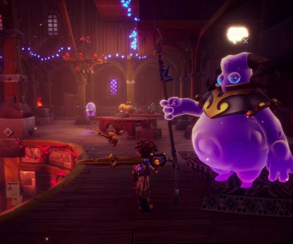 In Duskfade, Zirian stands near a purple NPC along a workshop balcony.