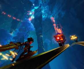 In Duskfade, Zirian grinds along a rail toward an approaching coal cart.