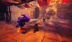 In Duskfade, Zirian swings a weapon in a horizontal arc while facing a purple, robed enemy.
