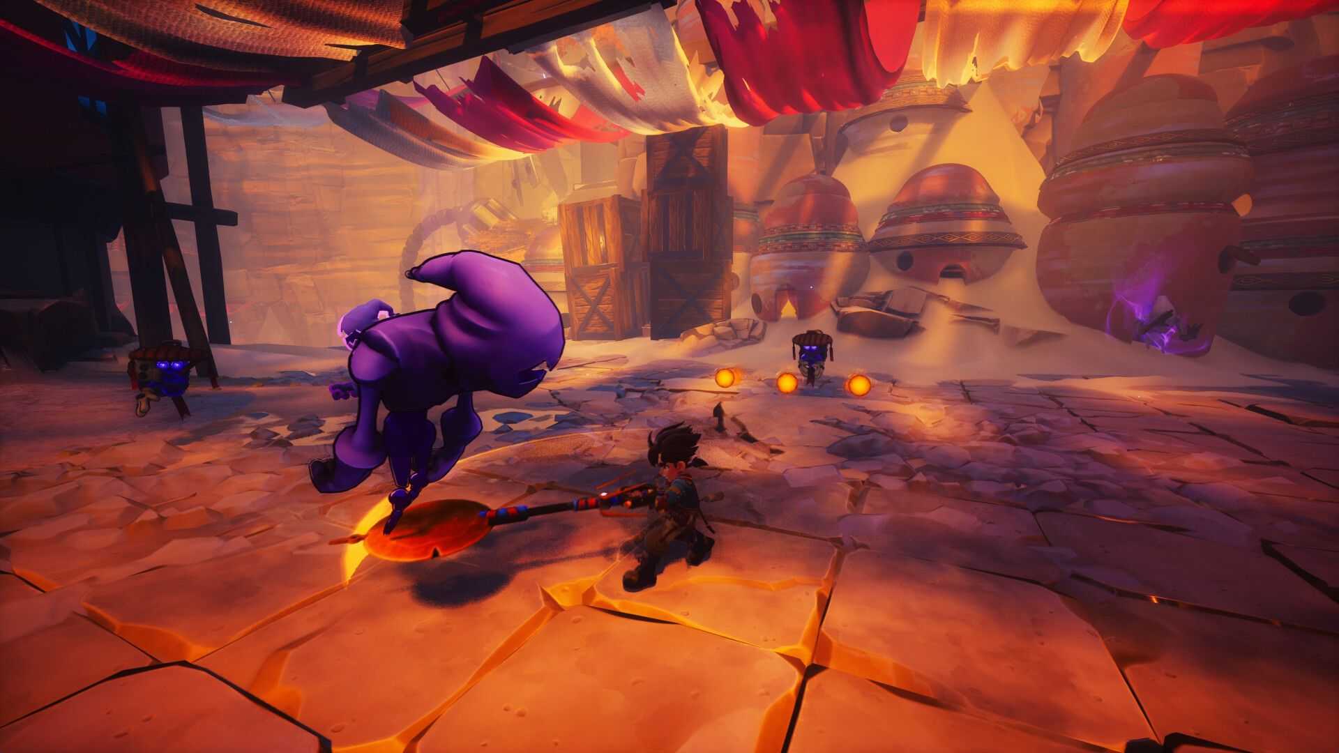 In Duskfade, Zirian swings a weapon in a horizontal arc while facing a purple, robed enemy.