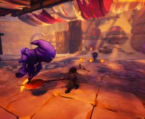 In Duskfade, Zirian swings a weapon in a horizontal arc while facing a purple, robed enemy.