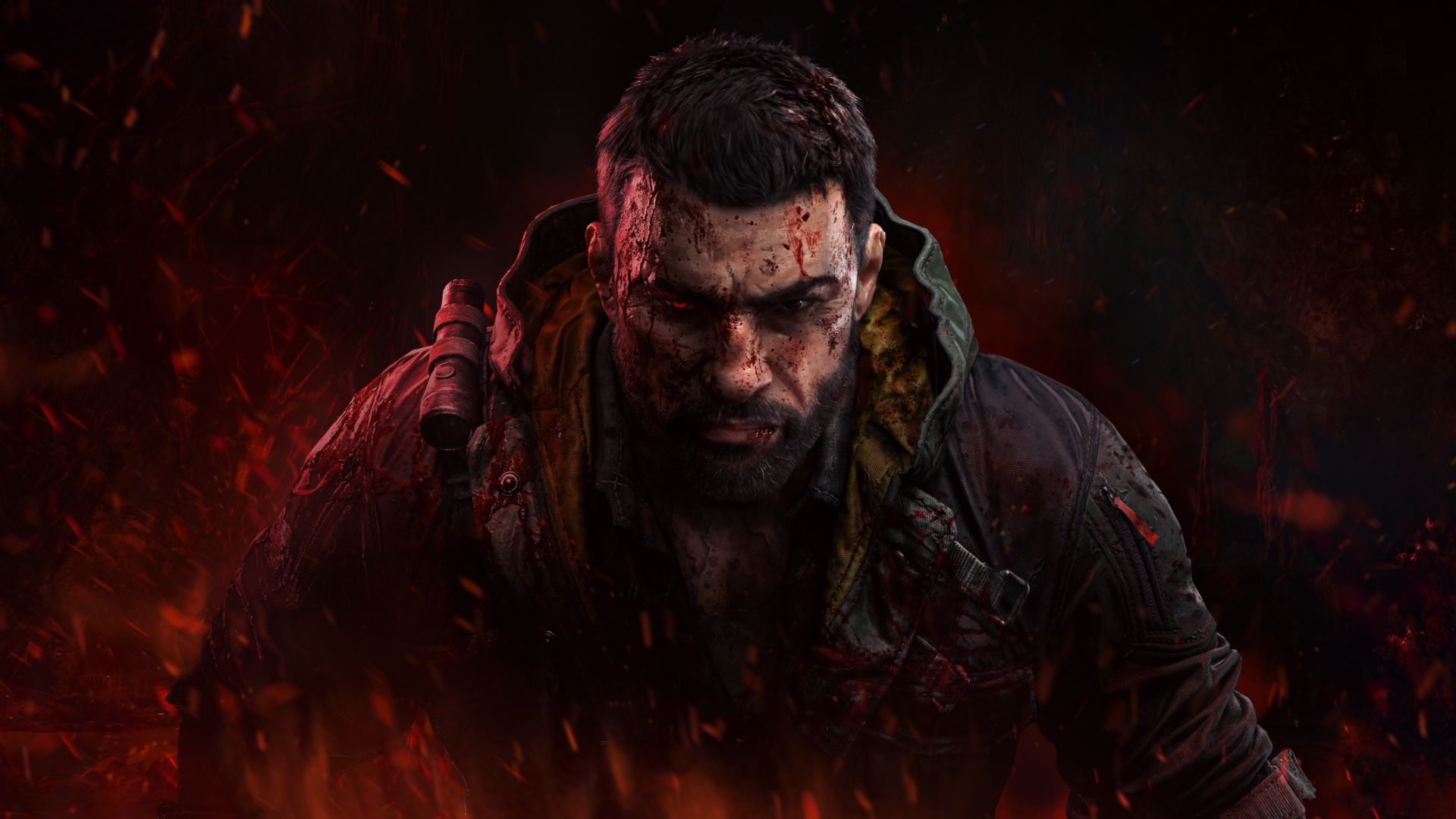 A man covered in blood with one gleaming red eye.