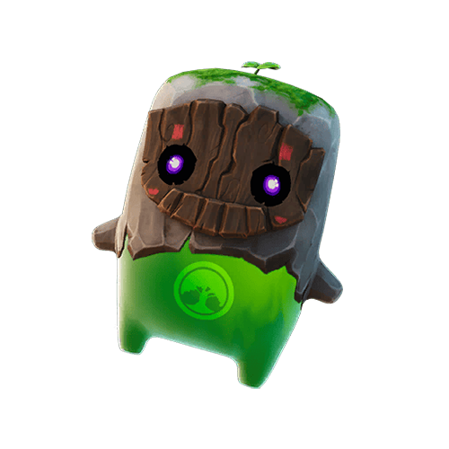 The Earth Sprite, a green creature with a wooden mask, from Fortnite.