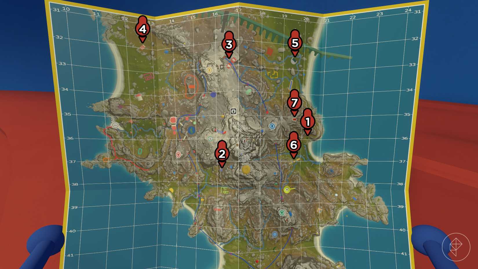 The locations of seven puzzles marked on a Big Walk map.