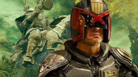 Dredd standing in front of the Tree Sentinel