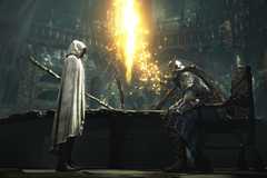 An Elden Ring screenshot depicting a woman in a white cloak looking down at an armored character sitting in a chair