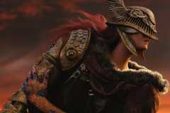 An armored warrior stands against a sunset in Elden Ring