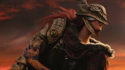An armored warrior stands against a sunset in Elden Ring