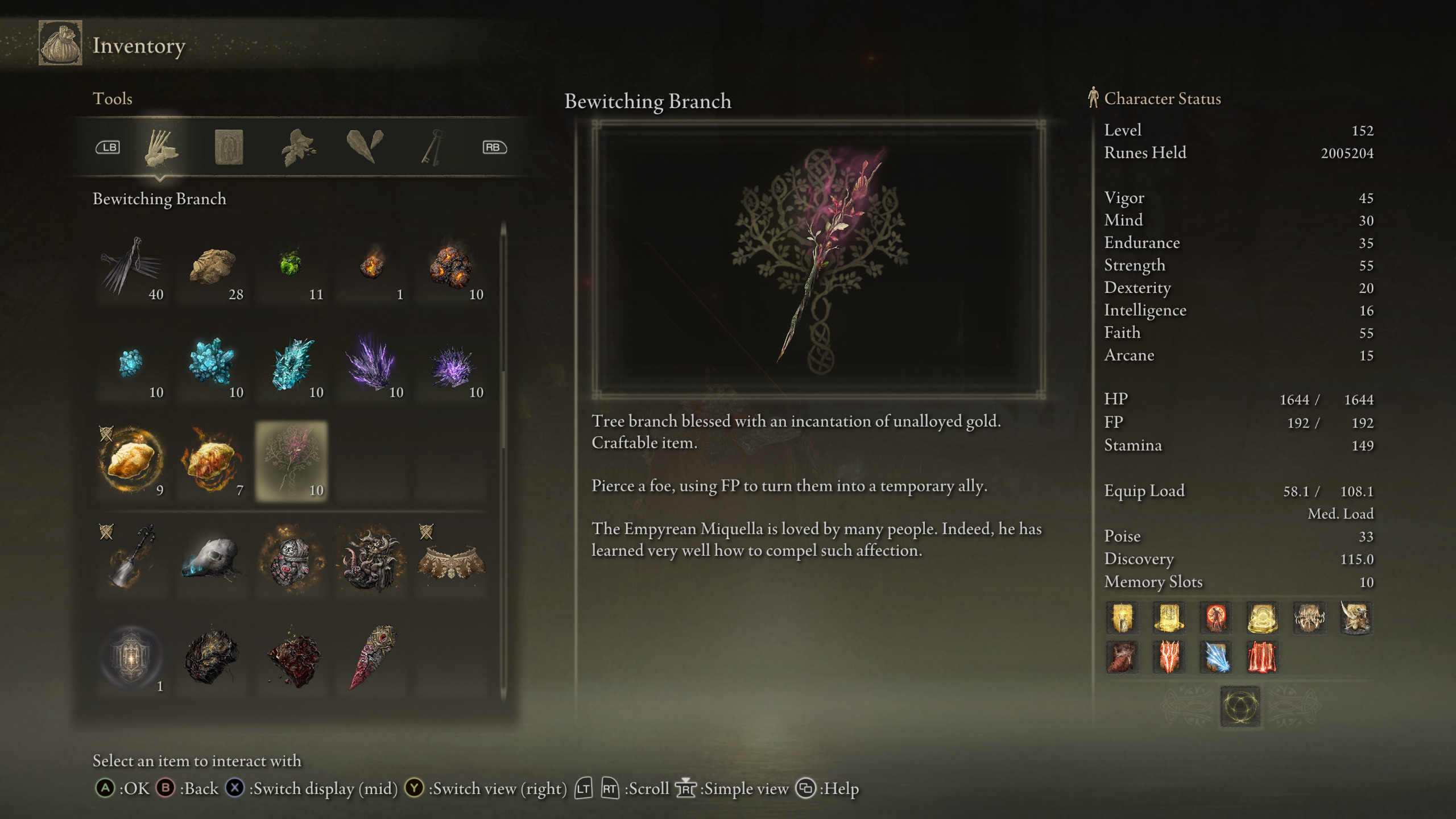 Elden Ring screenshot showing the Bewitching Branch item in a player’s inventory