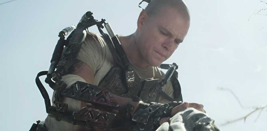 Matt Damon's Max struggles with his new exoskeleton in Elysium