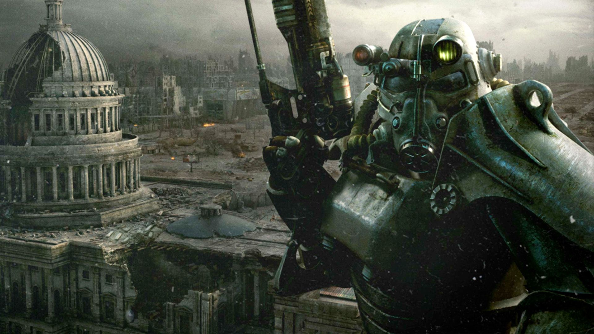 Artwork from Fallout 3 of a Brotherhood of Steel member standing in front of the destroyed Capitol building in Washington, D.C.