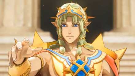 An image from Fire Emblem Fortune's Weave. It shows the Divine Sovereign in regalia and raising a hand.