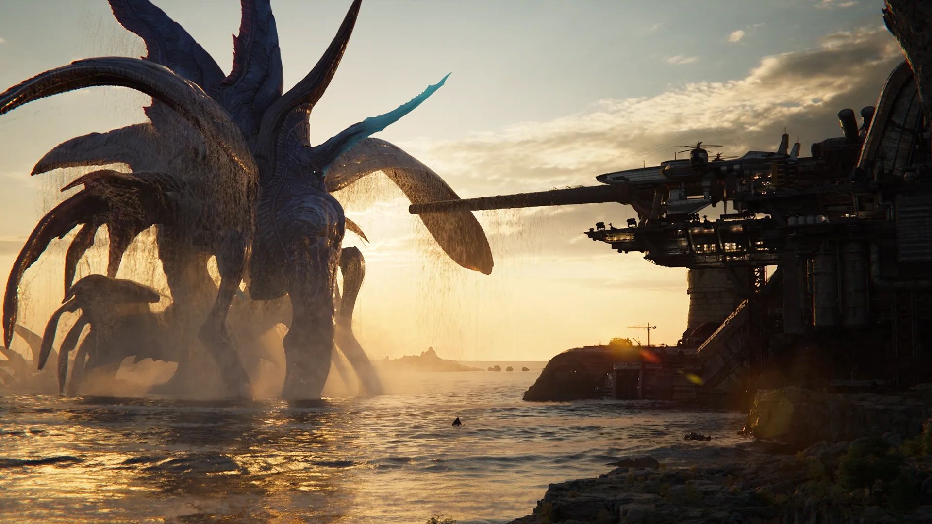 A kaiju emerges from water and scares a giant turret in Final Fantasy 7 Revelation