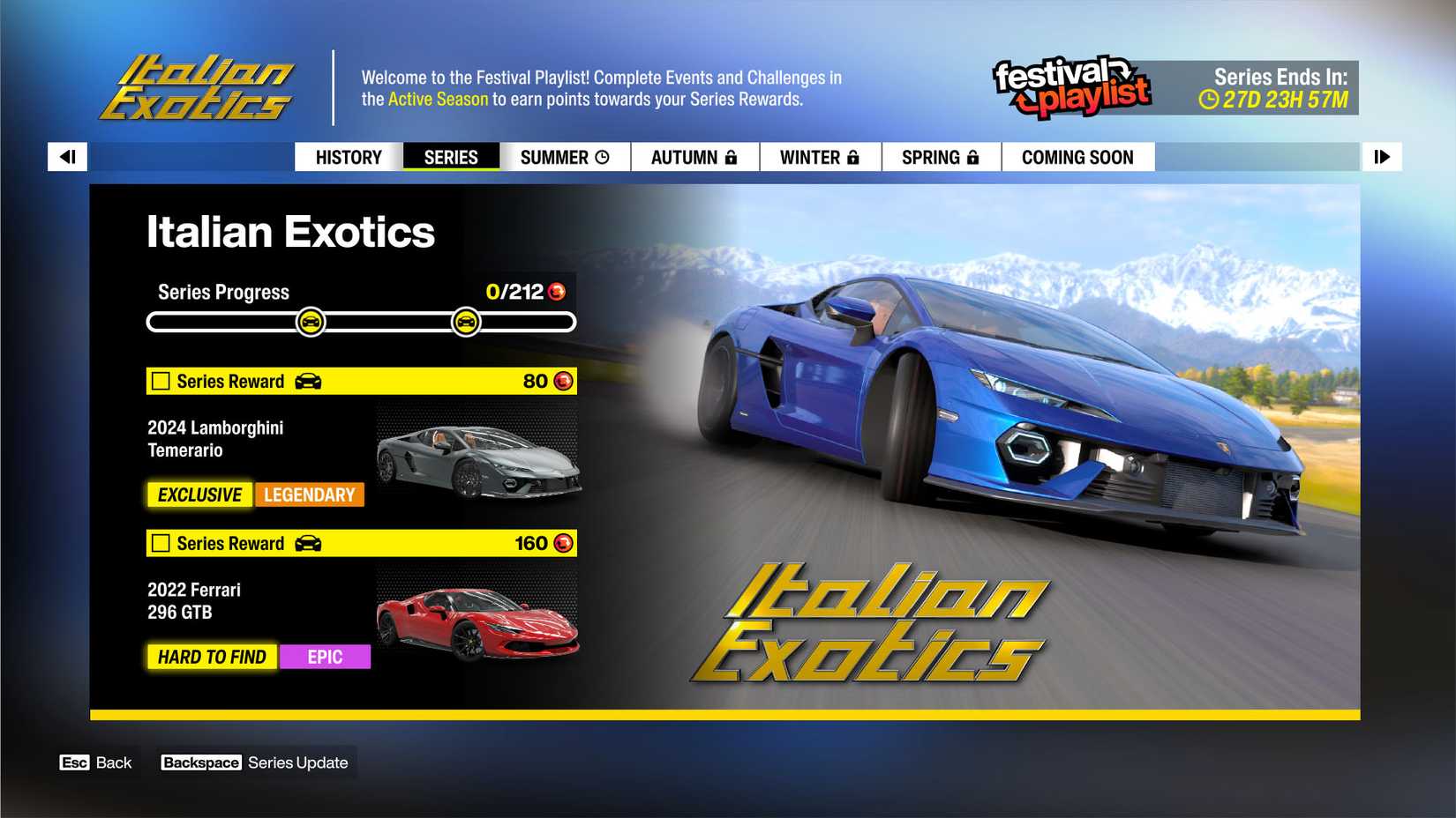 A Forza Horizon 6 screenshot showing the "Italian Exotics" rewards