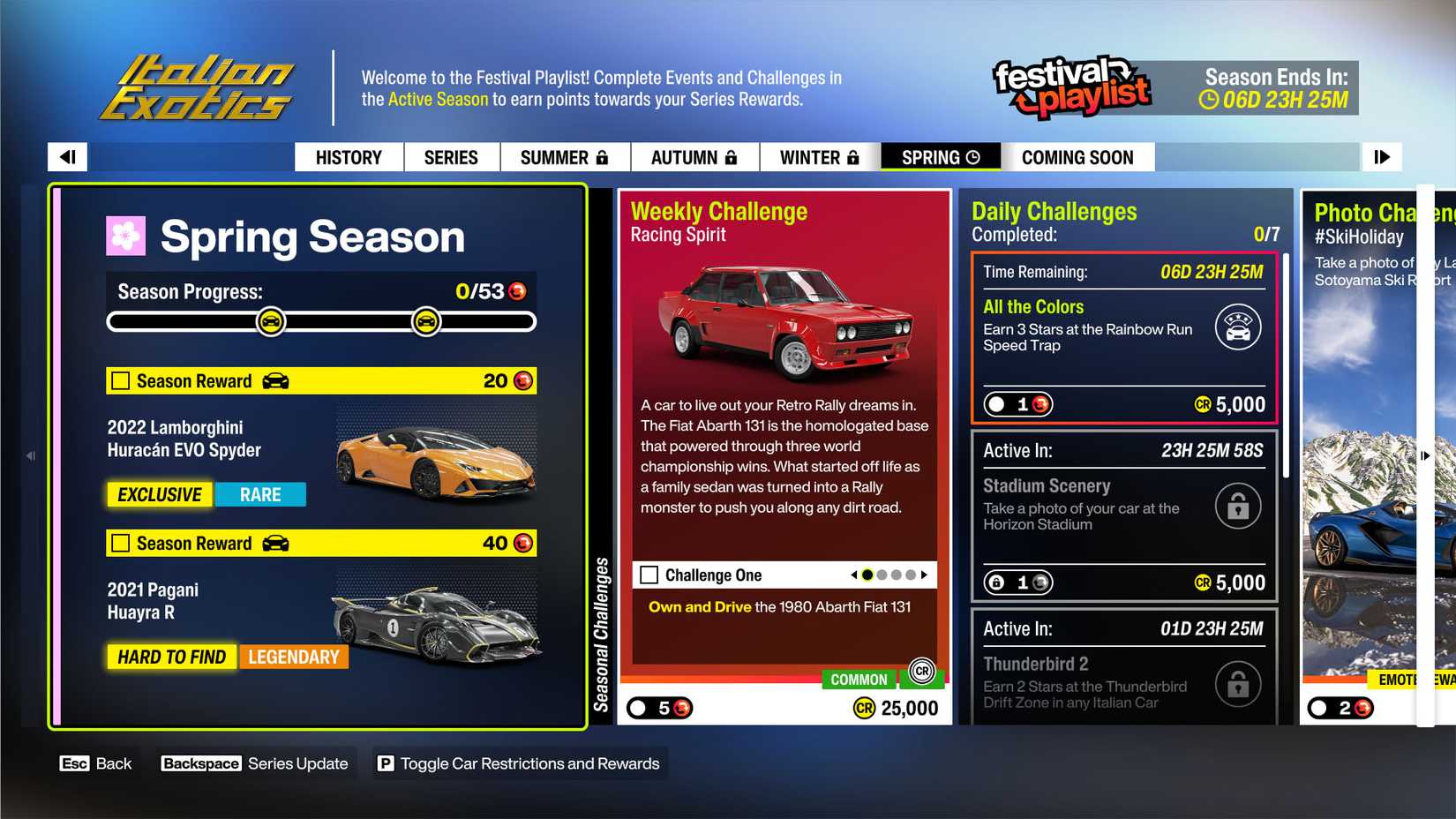 A Forza Horizon 6 screenshot showing the Series 3 spring rewards and challenges