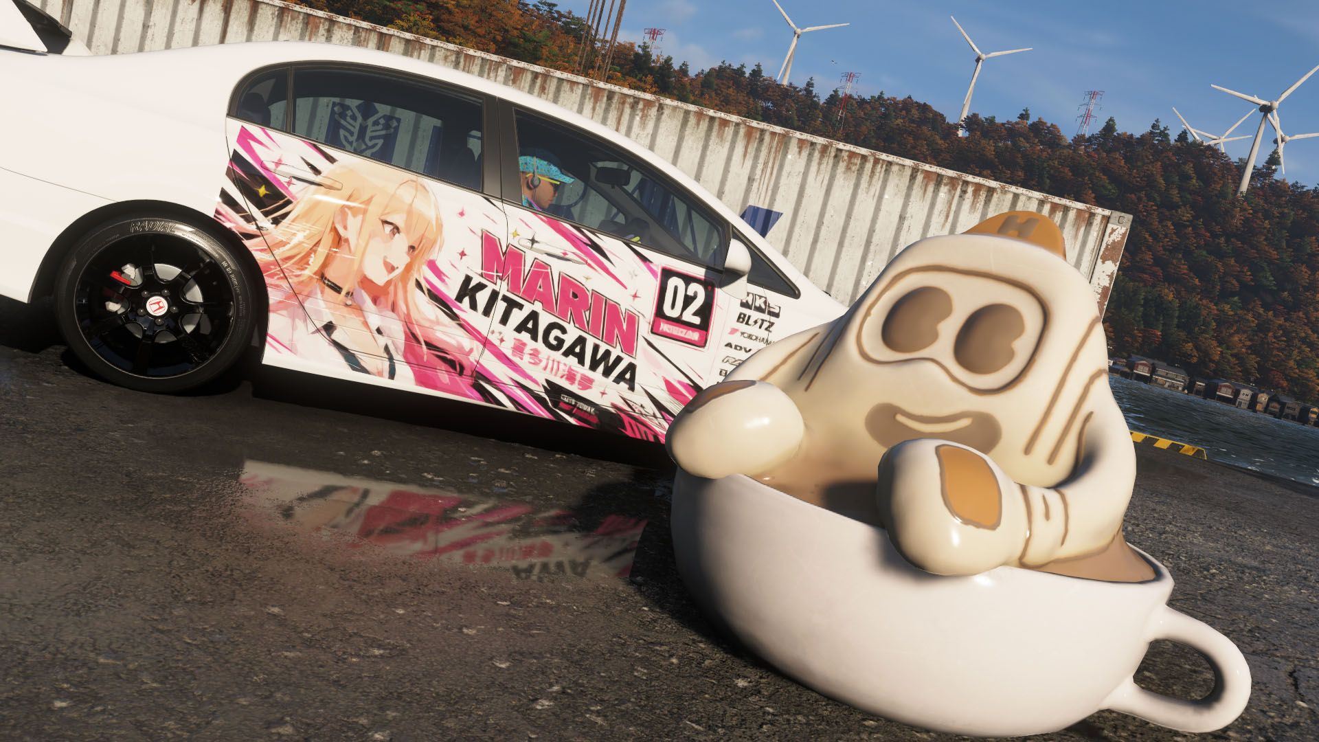A Forza Horizon 6 screenshot showing the tank latte cups mascot