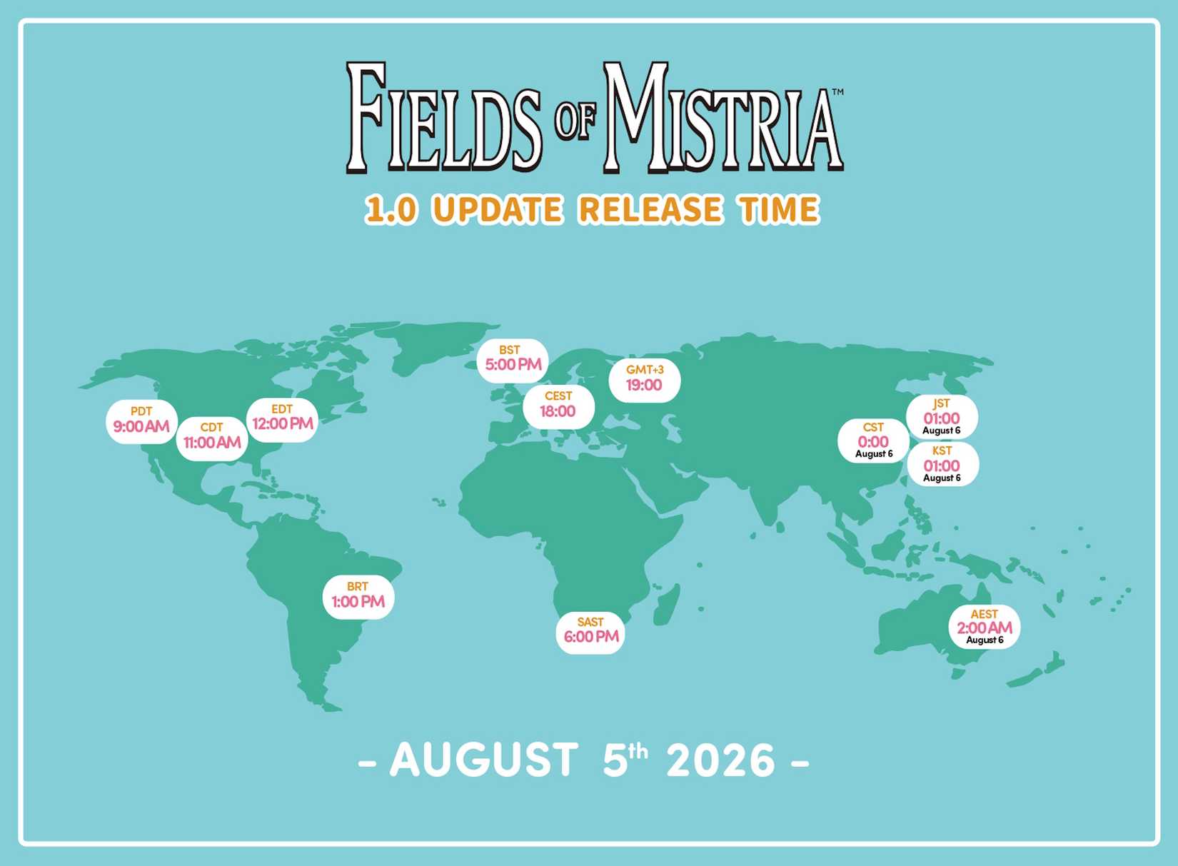 A map showing Fields of Mistria's 1.0 release time around the world