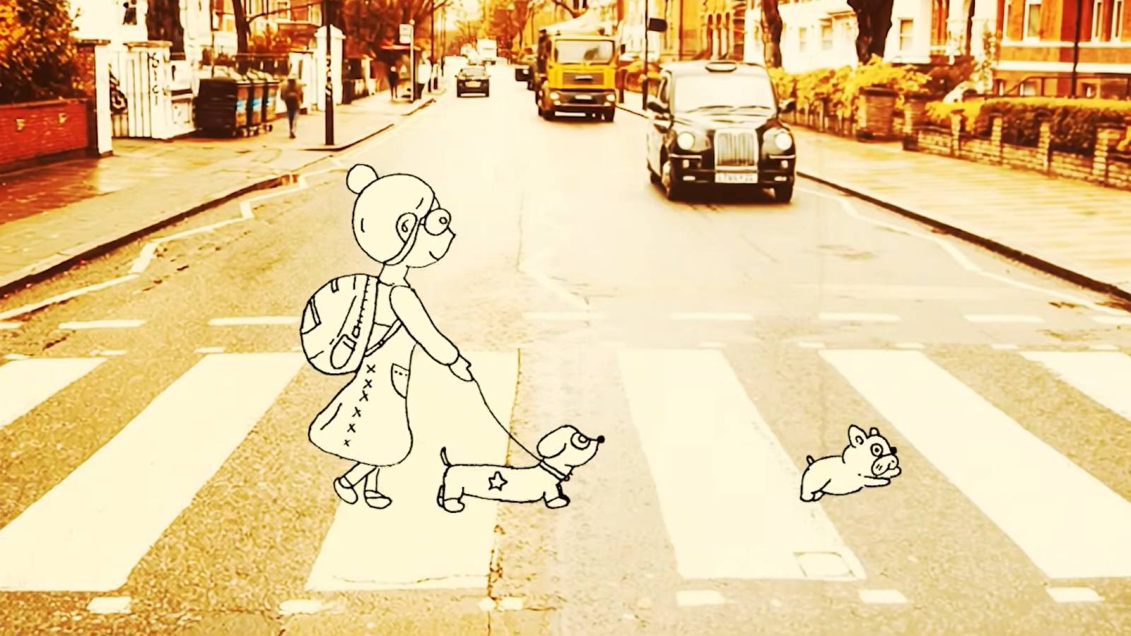 Finding Polka trailer screen showing a hand-drawn girl walking her dogs against a real-world backdrop