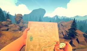 Hands hold a map and compass up in front of a rocky landscape in Firewatch