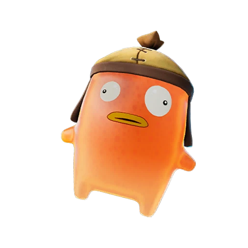 A Fishy Sprite, an orange creature with a fish face and a hat, from Fortnite.