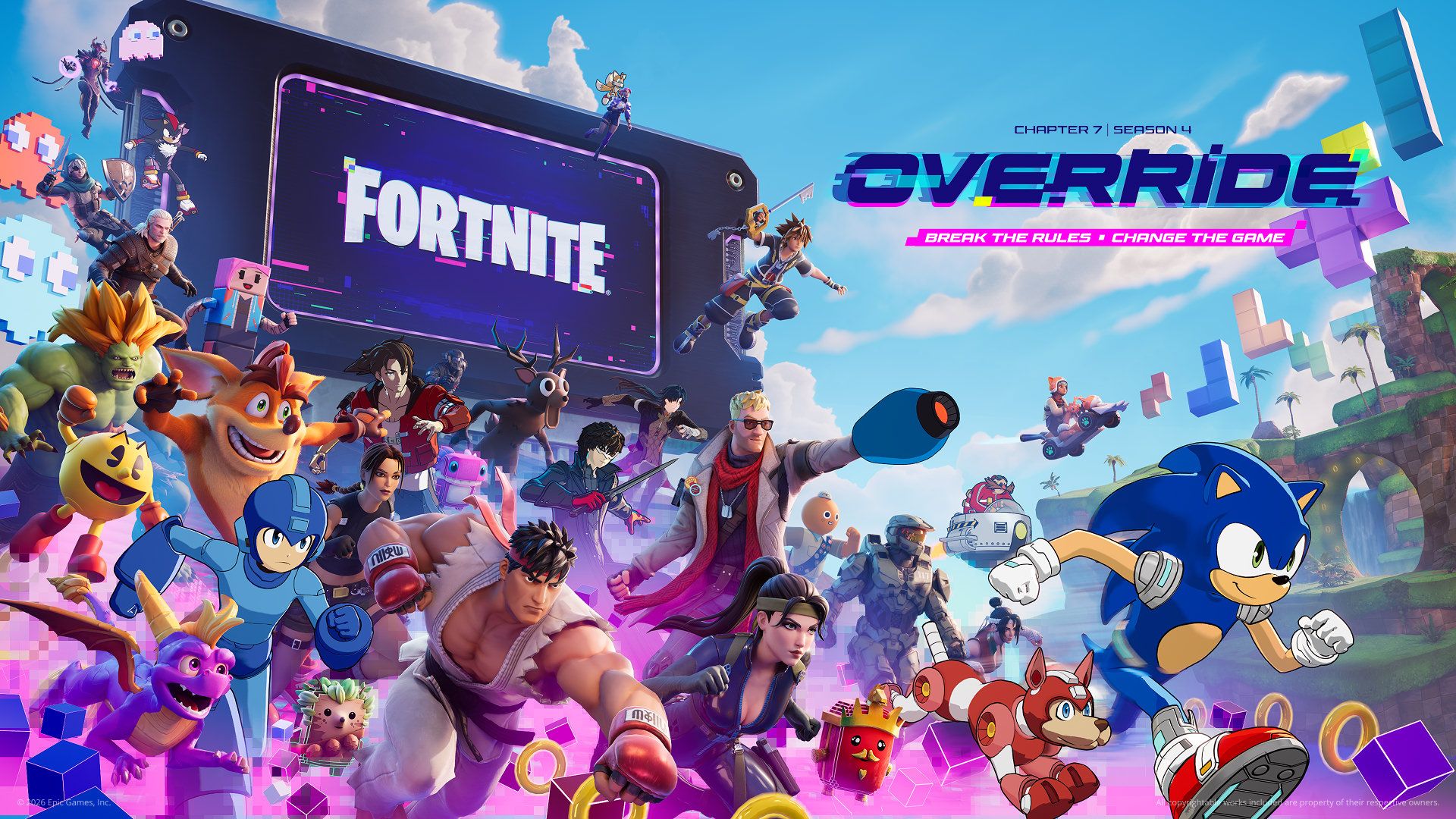 A bunch of iconic game characters, like Sonic, Pac Man, and Megaman, assembled together in Fortnite.