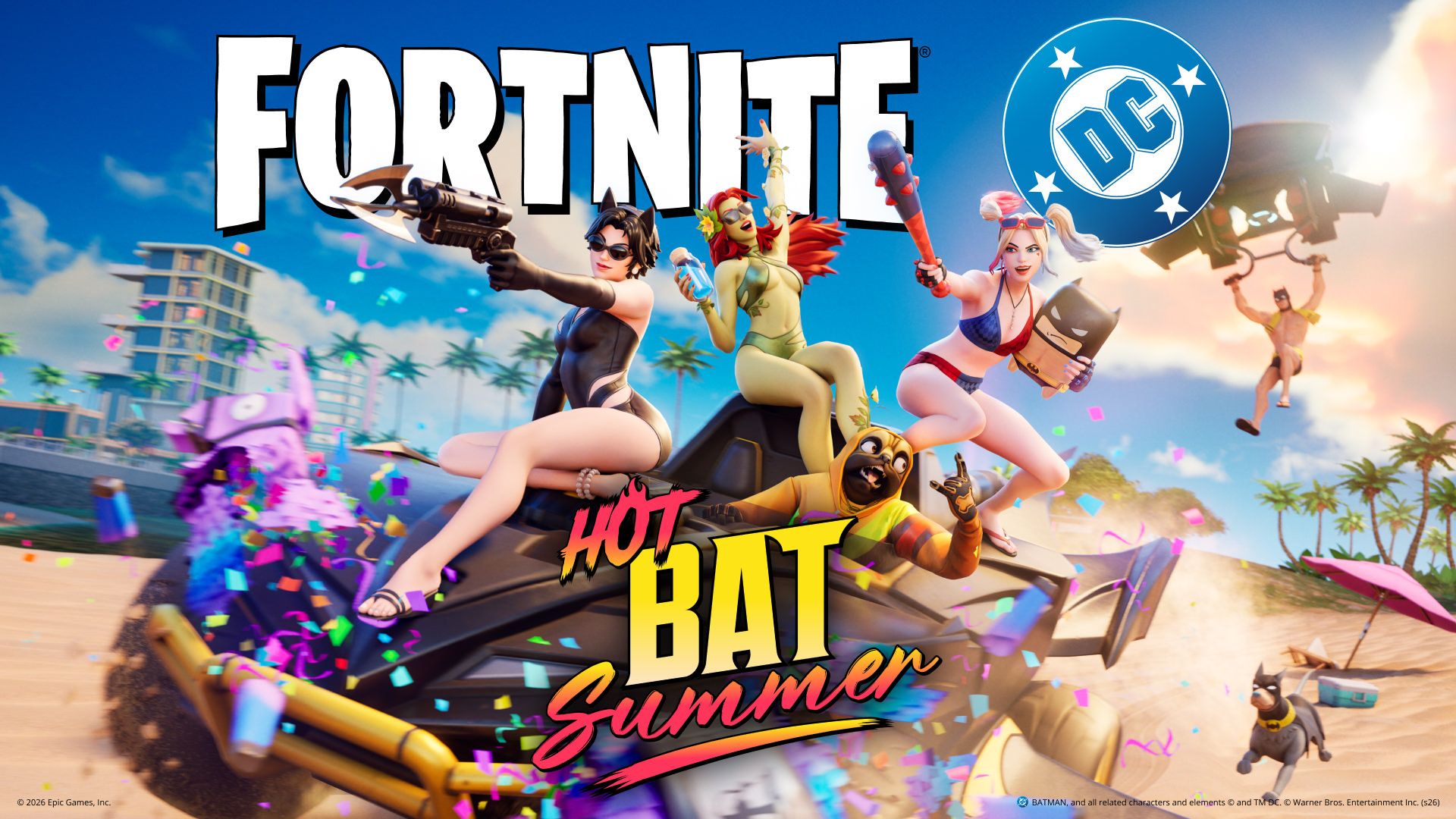 Artwork fortnite hot bat summer featuring Catwoman, Poison Ivy, Harley Quinn, Batman, and Ace the Bat-Hound