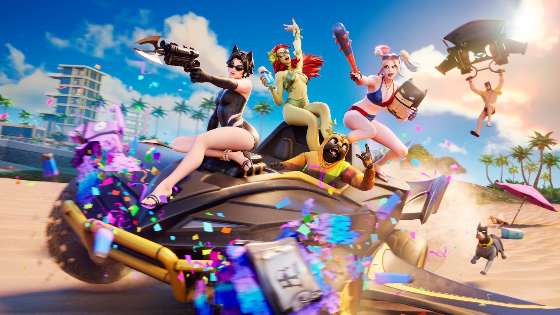 Artwork of Fortnite's Hot Bat Summer with Catwoman, Poison Ivy, and Harley Quinn riding a stolen Batmobile