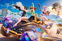 Artwork of Fortnite's Hot Bat Summer with Catwoman, Poison Ivy, and Harley Quinn riding a stolen Batmobile