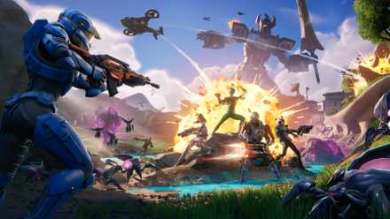 A Halo spartan, the Mighty Morphin Power Rangers, and the Fortnite Chapter 6 Season 4 battle pass skins fighting off a swarm of bugs.