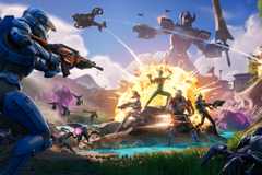 A Halo spartan, the Mighty Morphin Power Rangers, and the Fortnite Chapter 6 Season 4 battle pass skins fighting off a swarm of bugs.